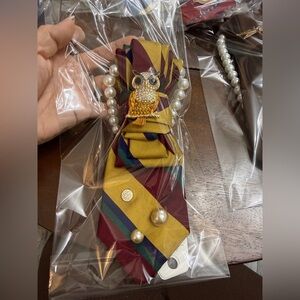 Upcycle Elegant Owl Brooch Tie necklace with Pearl Accents